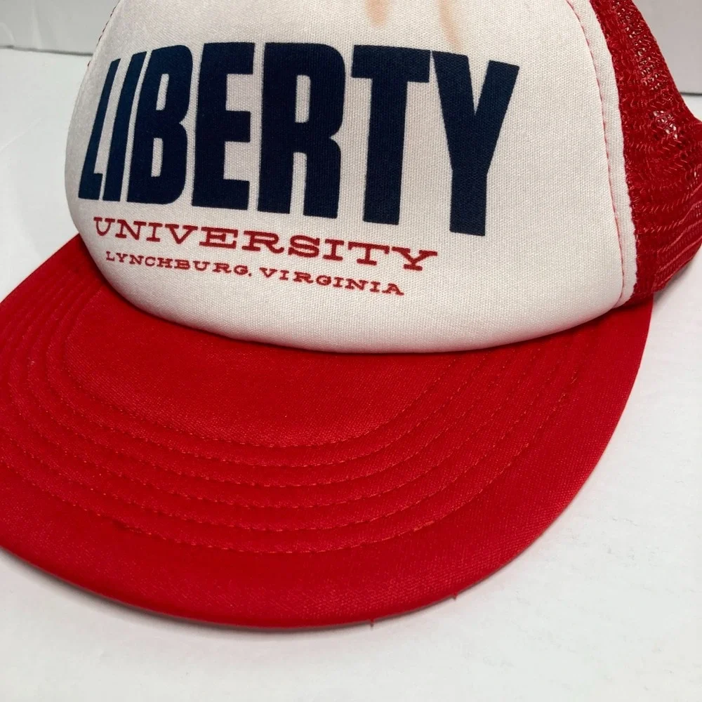 Vintage Liberty University Trucker Cap‎ Hat White Red Mesh Snapback  STAIN